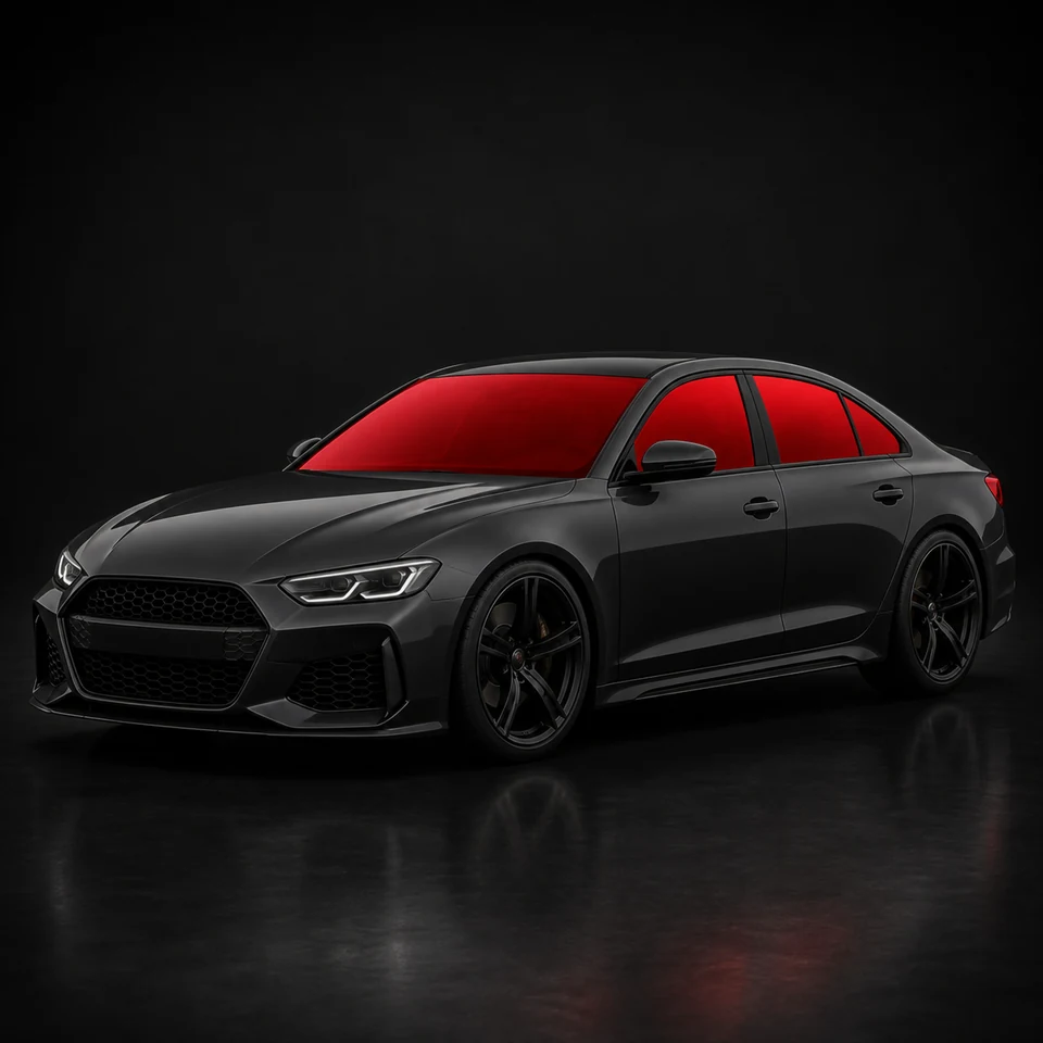 Dark performance sedan with red windows showing full vehicle Window Tint coverage
