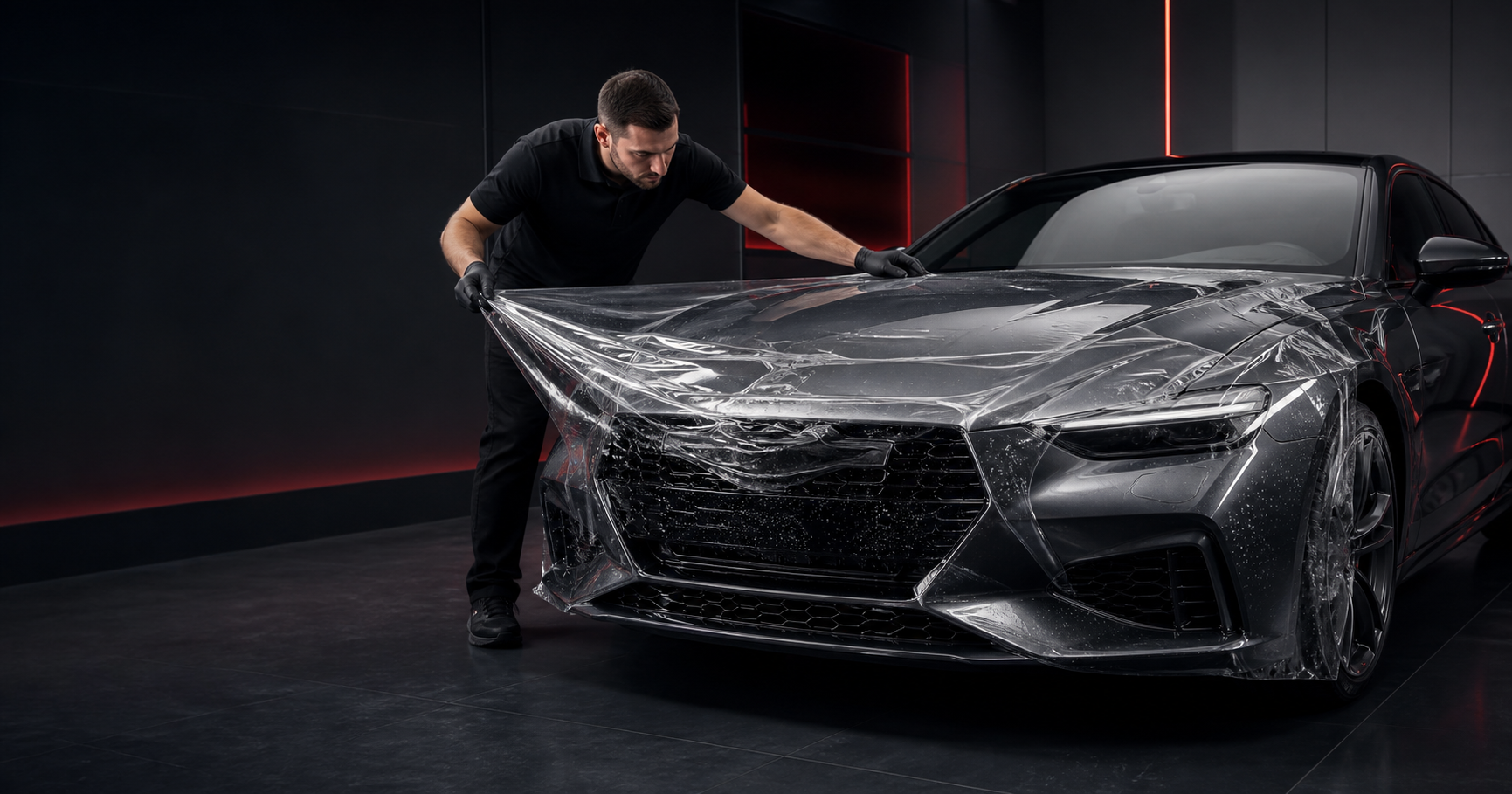 Professional paint protection film installation on a vehicle
